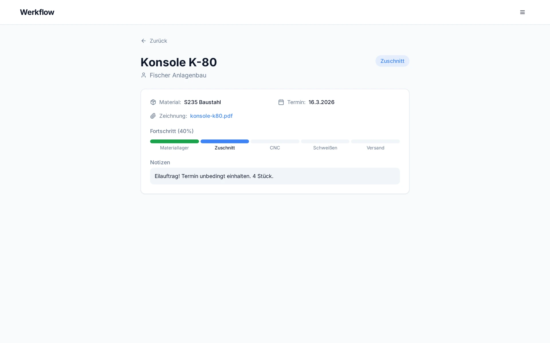 Projektdetailansicht mit Materialangabe, Termin, Fortschrittsleiste und Notizen