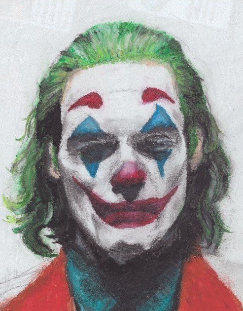 Ölpastell-Studie des Jokers mit grünen Haaren und rotem Mantel