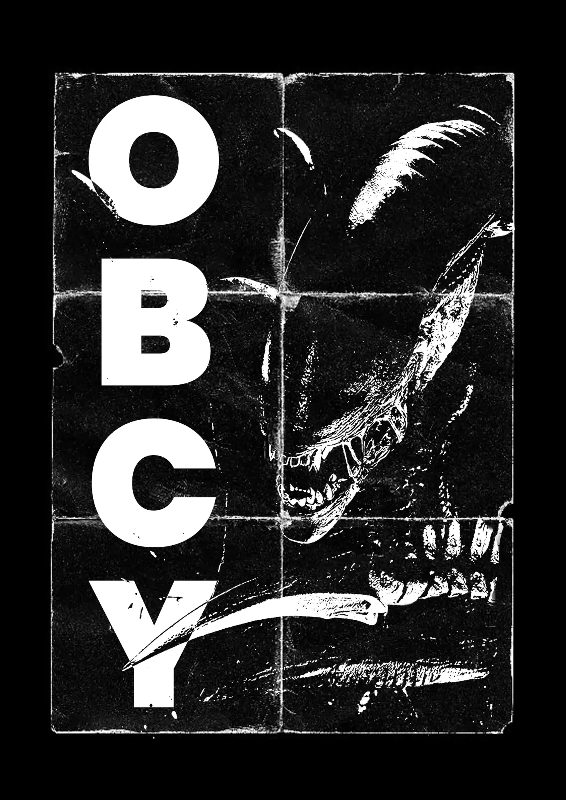 Digitales Schwarz-Weiß-Poster OBCY mit Alien-Motiv und vertikaler Typografie