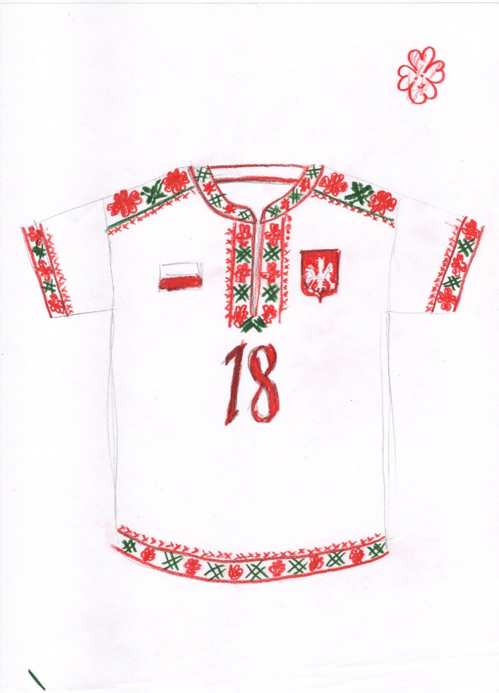 Handgezeichneter Original-Entwurf des Polska-Trikots mit Folklore-Mustern auf Papier