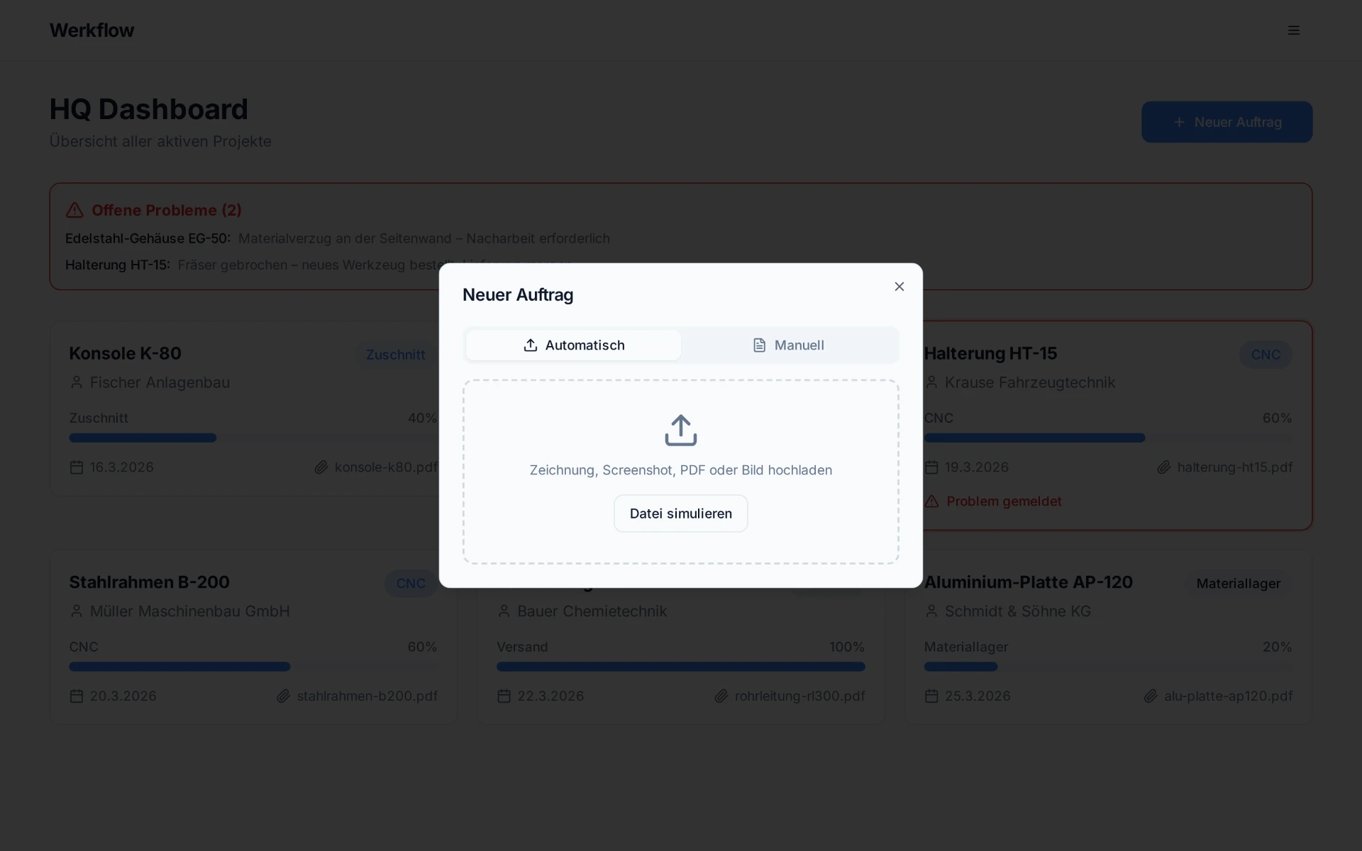 Dialog Neuer Auftrag mit Auswahl zwischen automatischer und manueller Erfassung