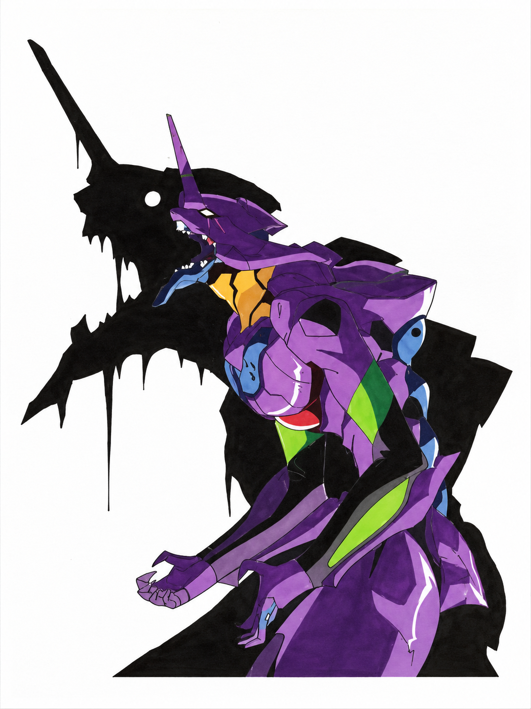 Buntstift-Zeichnung des Roboters EVA-01 aus Neon Genesis Evangelion vor schwarzer Silhouette