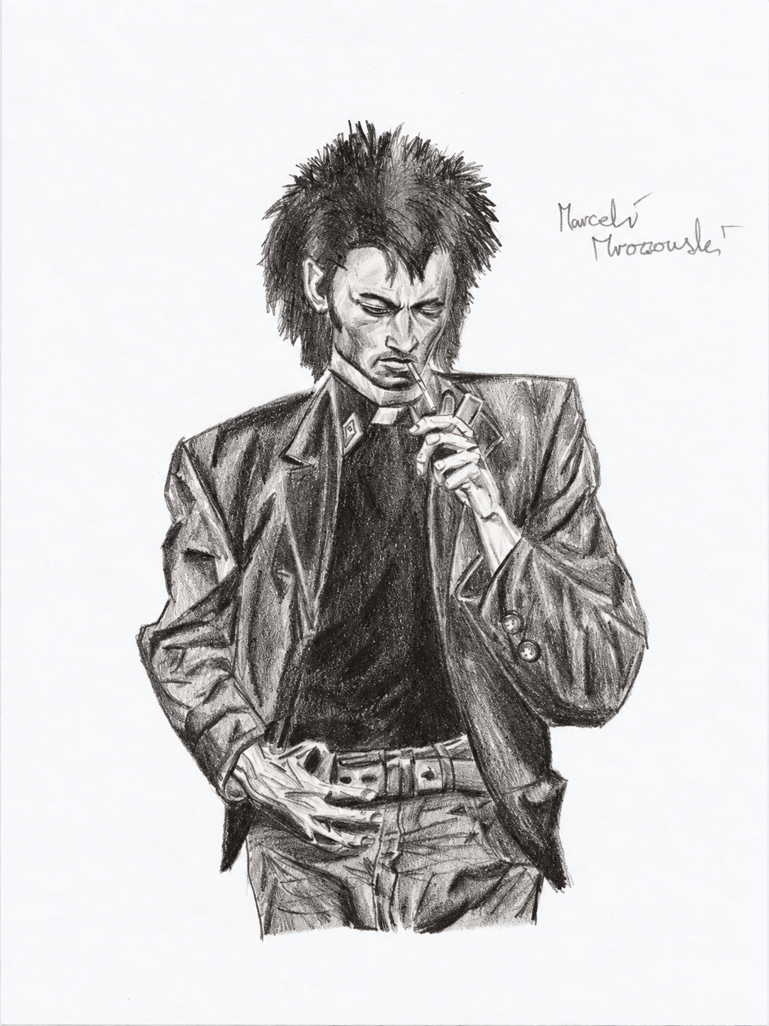 Bleistift-Portrait des Predigers Jesse Custer mit Zigarette