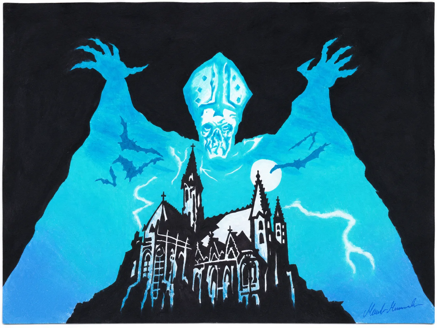 Buntstift-Zeichnung des Ghost-Papa-Emeritus-Skeletts über einer gotischen Kirche mit Mond und Fledermäusen