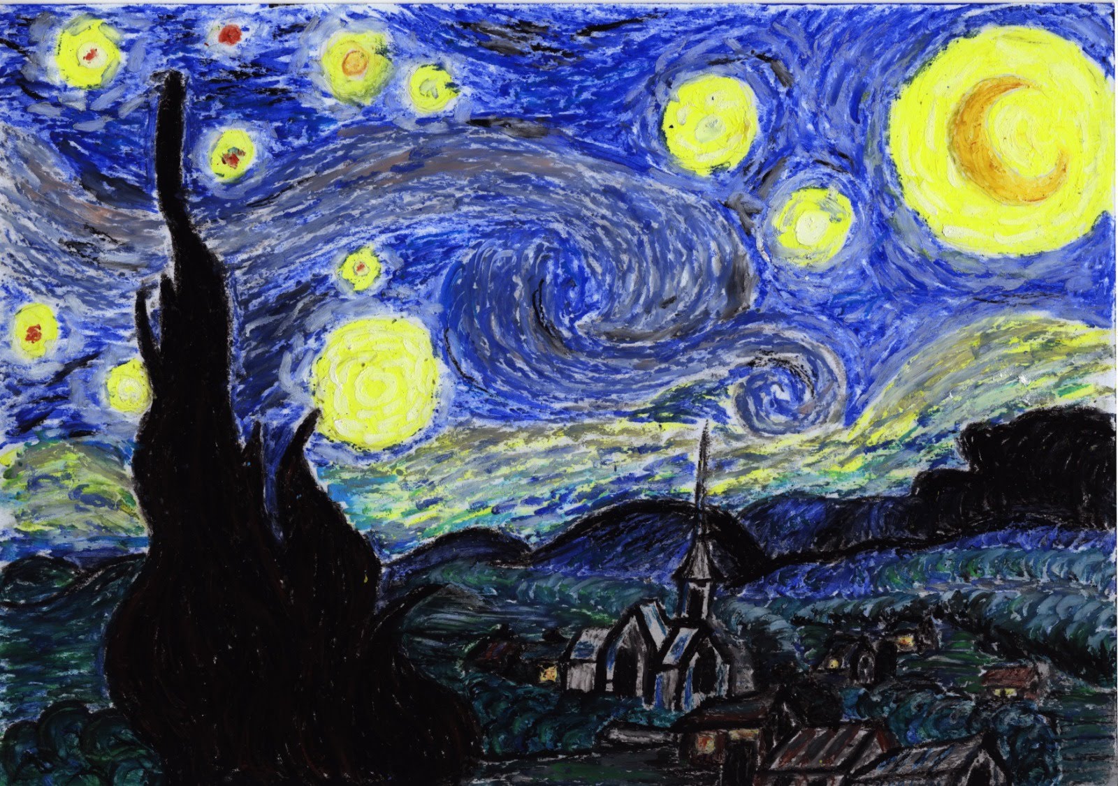 Pastellstift-Interpretation der Sternennacht von Vincent van Gogh