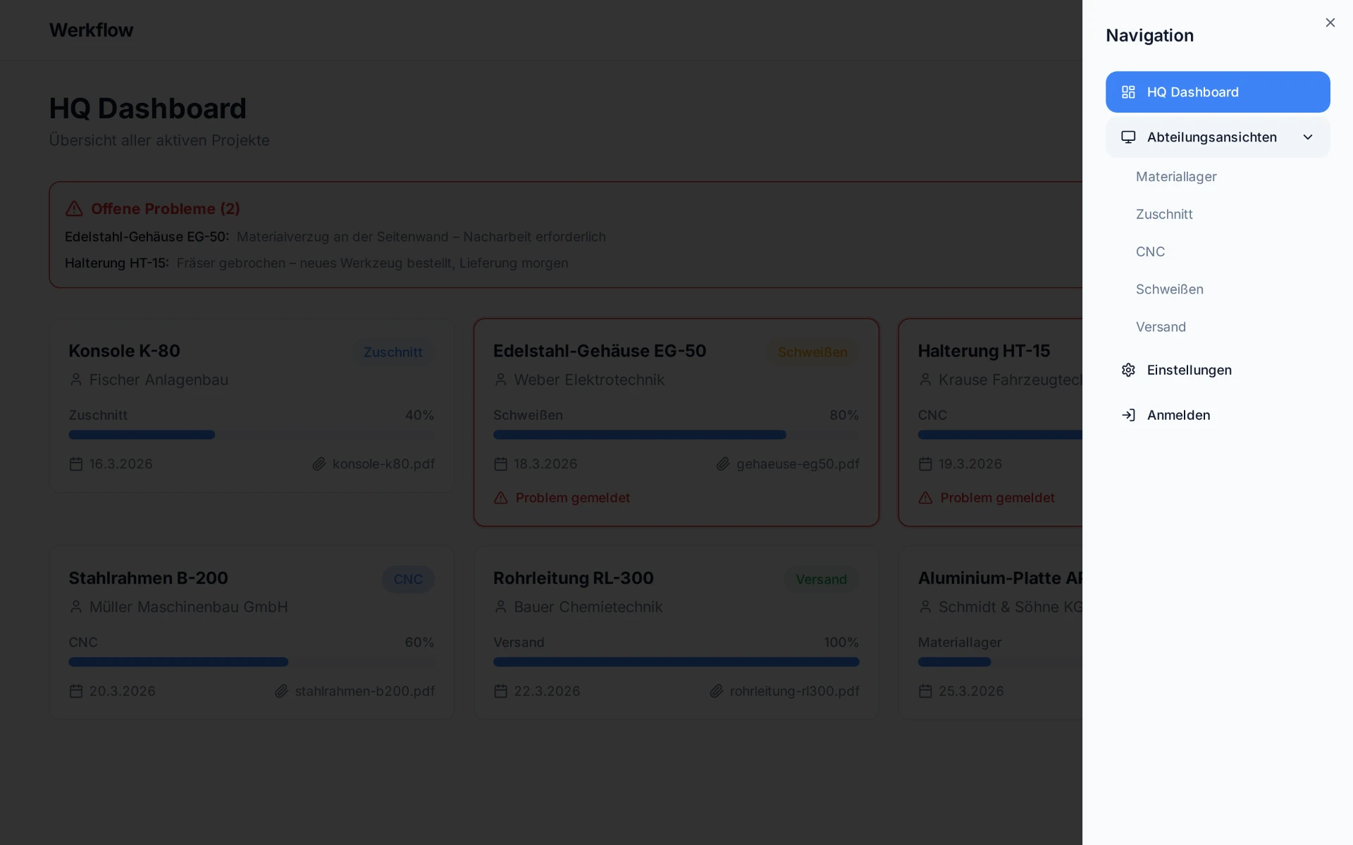 Navigationsmenü der WERKFLOW Web-App mit HQ Dashboard und Abteilungsansichten
