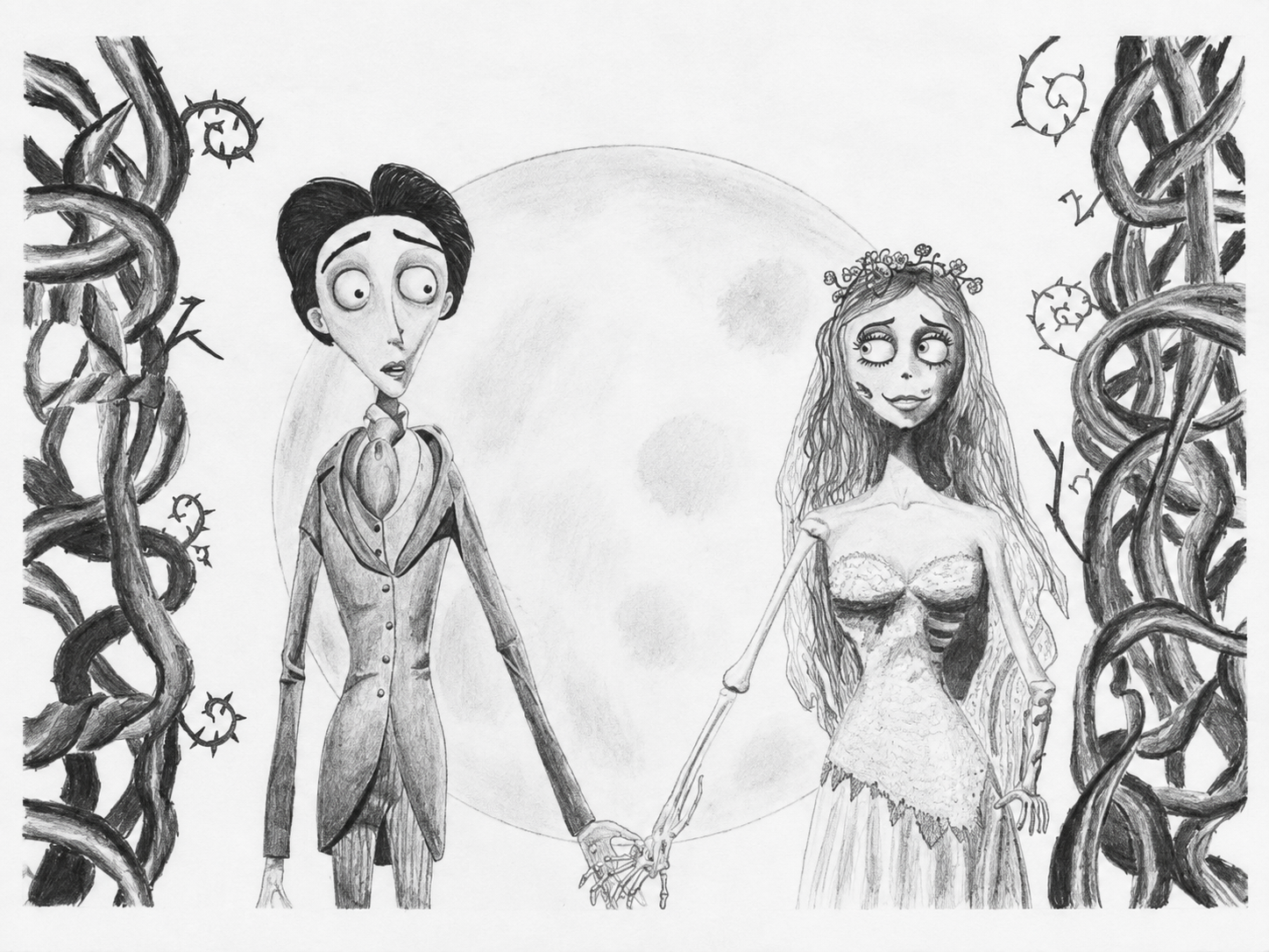 Bleistift-Zeichnung von Victor und Emily aus Corpse Bride vor dem Mond