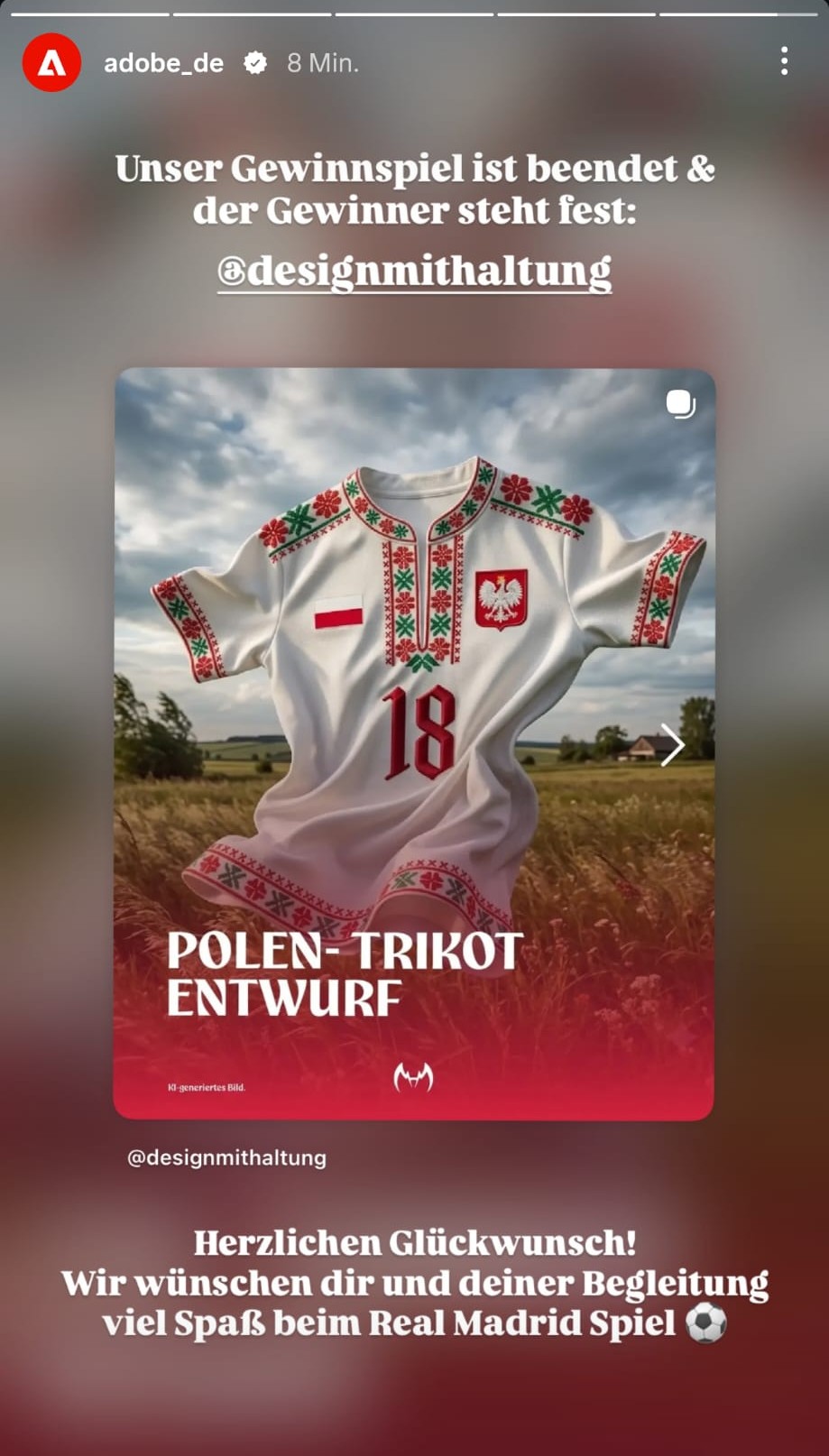 Instagram-Story von @adobe_de zur Bekanntgabe des Gewinners @designmithaltung des Polska-Trikot-Contests