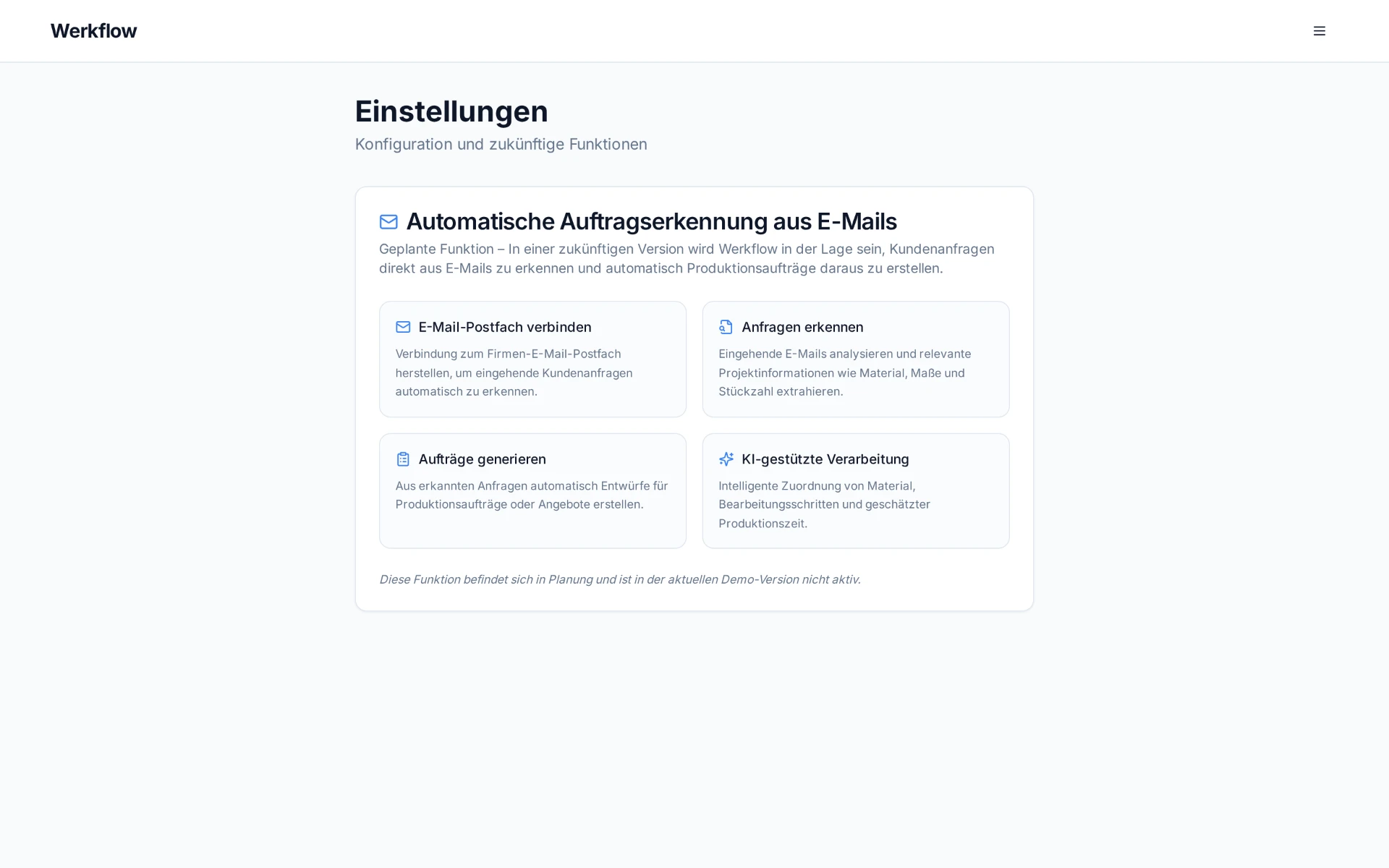 Einstellungsseite mit geplanter automatischer Auftragserkennung aus E-Mails