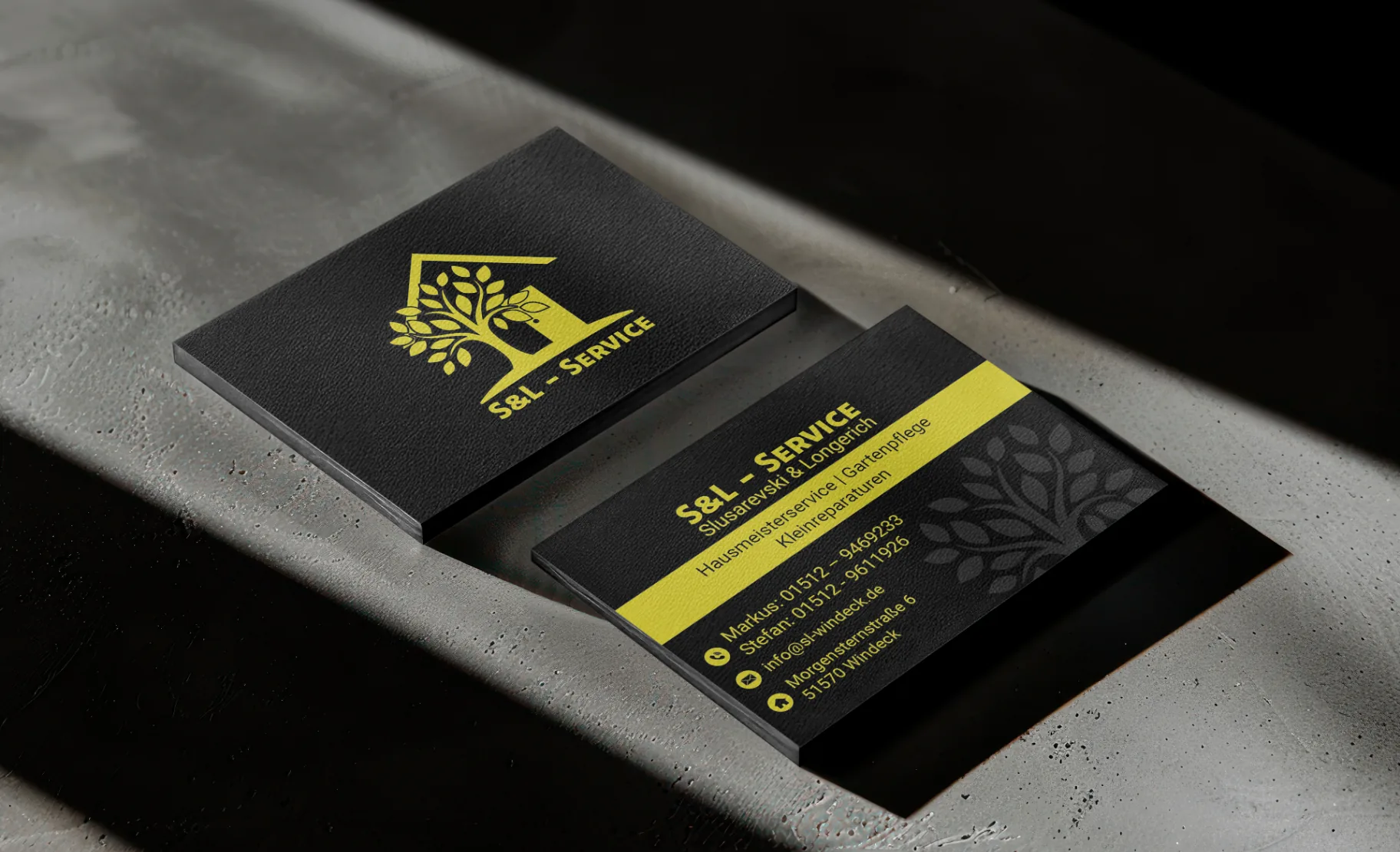 Visitenkarten Printdesign in Schwarz-Gelb für S&L Service